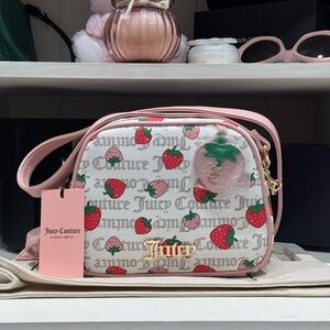 Juicy Couture White Pink Diamond Freshly Picked Strawberry Camera Bag Purse Red